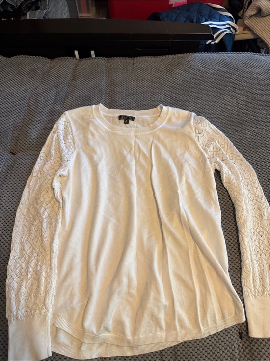 Lety & Me Tops - Petite Sophisticate Lace-Sleeve Long-Sleeve Tee in Ivory